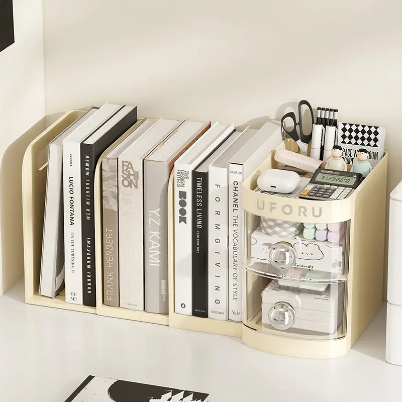 Adjustable Desktop Bookshelf - Multifunctional Stationery Desk Tidy with Drawer, Pen Holder, Shelves, Compartments, Organizer Box & File Storage for Office Accessories & Table Organizers, Stationery Supplies