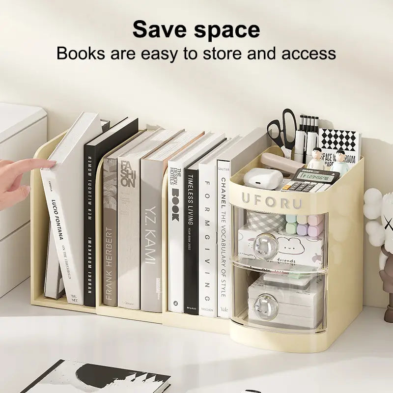 Adjustable Desktop Bookshelf - Multifunctional Stationery Desk Tidy with Drawer, Pen Holder, Shelves, Compartments, Organizer Box & File Storage for Office Accessories & Table Organizers, Stationery Supplies
