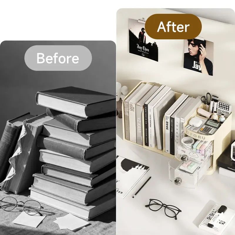 Adjustable Desktop Bookshelf - Multifunctional Stationery Desk Tidy with Drawer, Pen Holder, Shelves, Compartments, Organizer Box & File Storage for Office Accessories & Table Organizers, Stationery Supplies