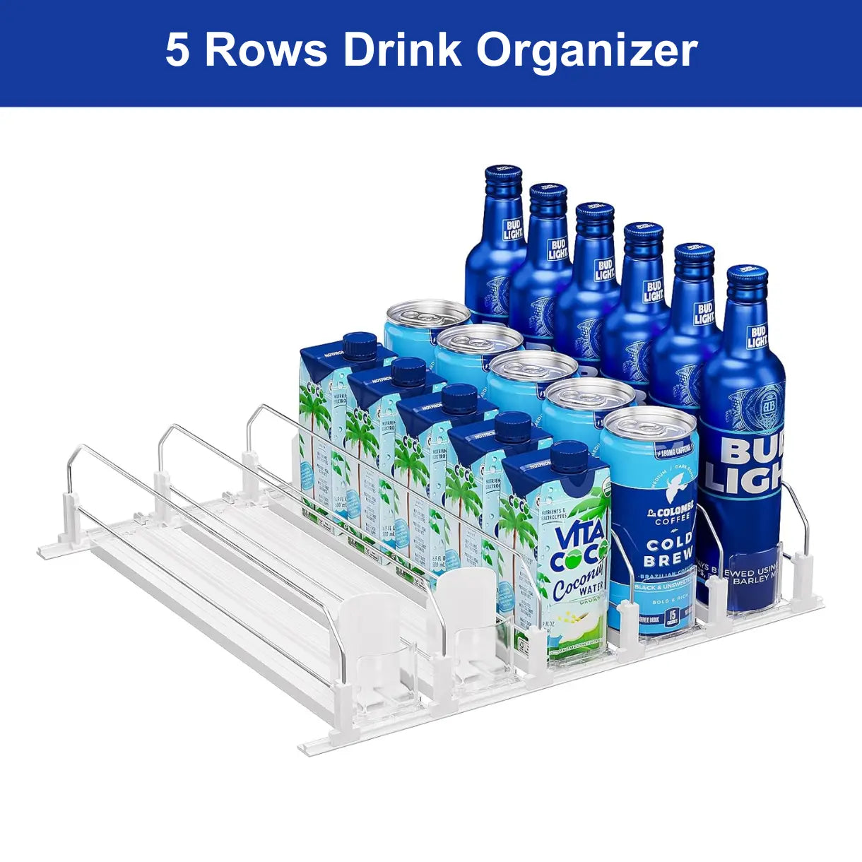 Auto-Fill Fridge Drink Organizer, Refrigerator Soda Can Dispenser - 2-Row/3-Row/5-Row Home Storage Rack, Fridge Organizers