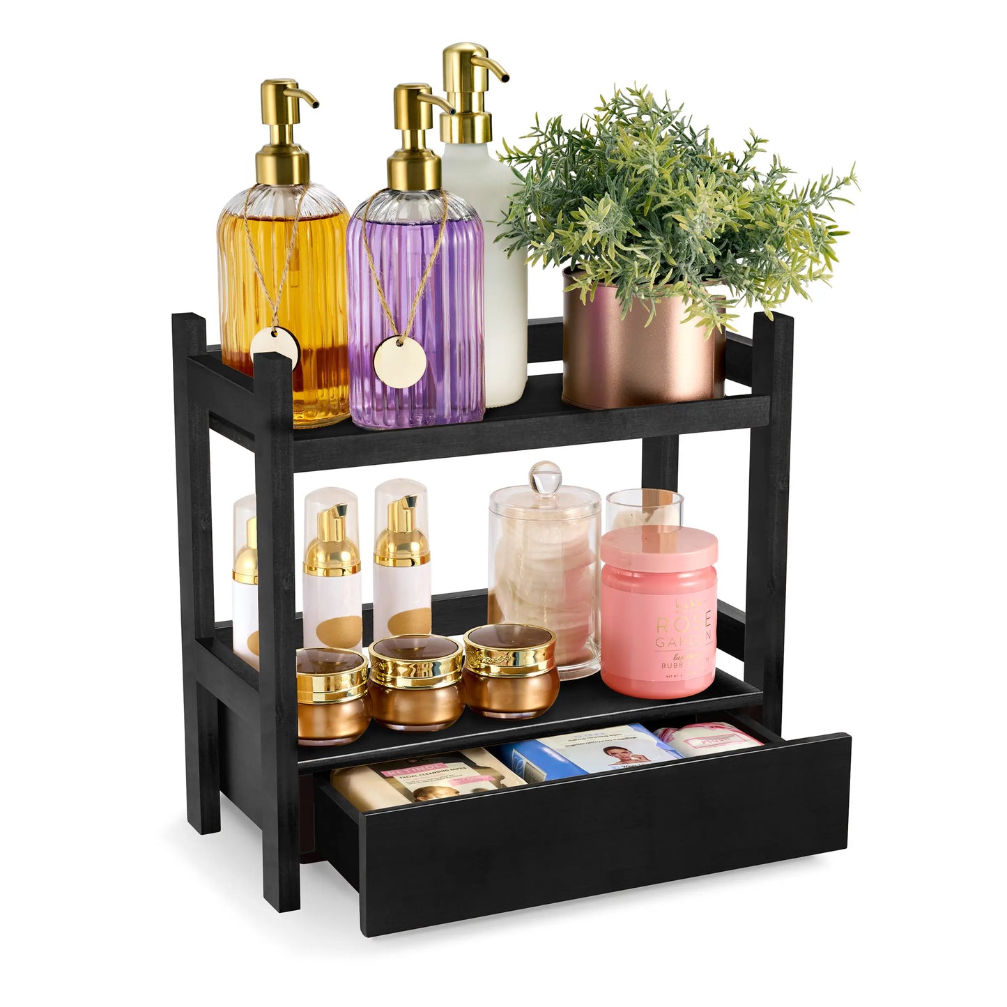 2-Tier Bamboo Countertop Shelf with Drawer Household Organiser Racks Wood Nature