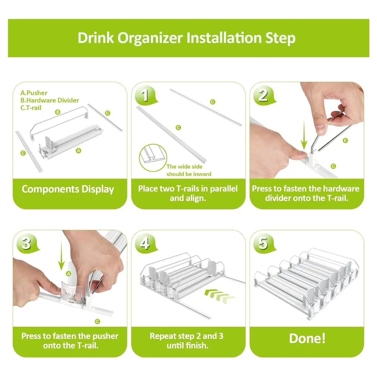 Auto-Fill Fridge Drink Organizer, Refrigerator Soda Can Dispenser - 2-Row/3-Row/5-Row Home Storage Rack, Fridge Organizers