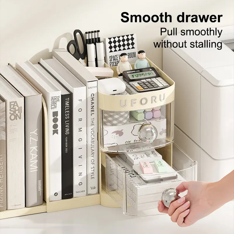 Adjustable Desktop Bookshelf - Multifunctional Stationery Desk Tidy with Drawer, Pen Holder, Shelves, Compartments, Organizer Box & File Storage for Office Accessories & Table Organizers, Stationery Supplies