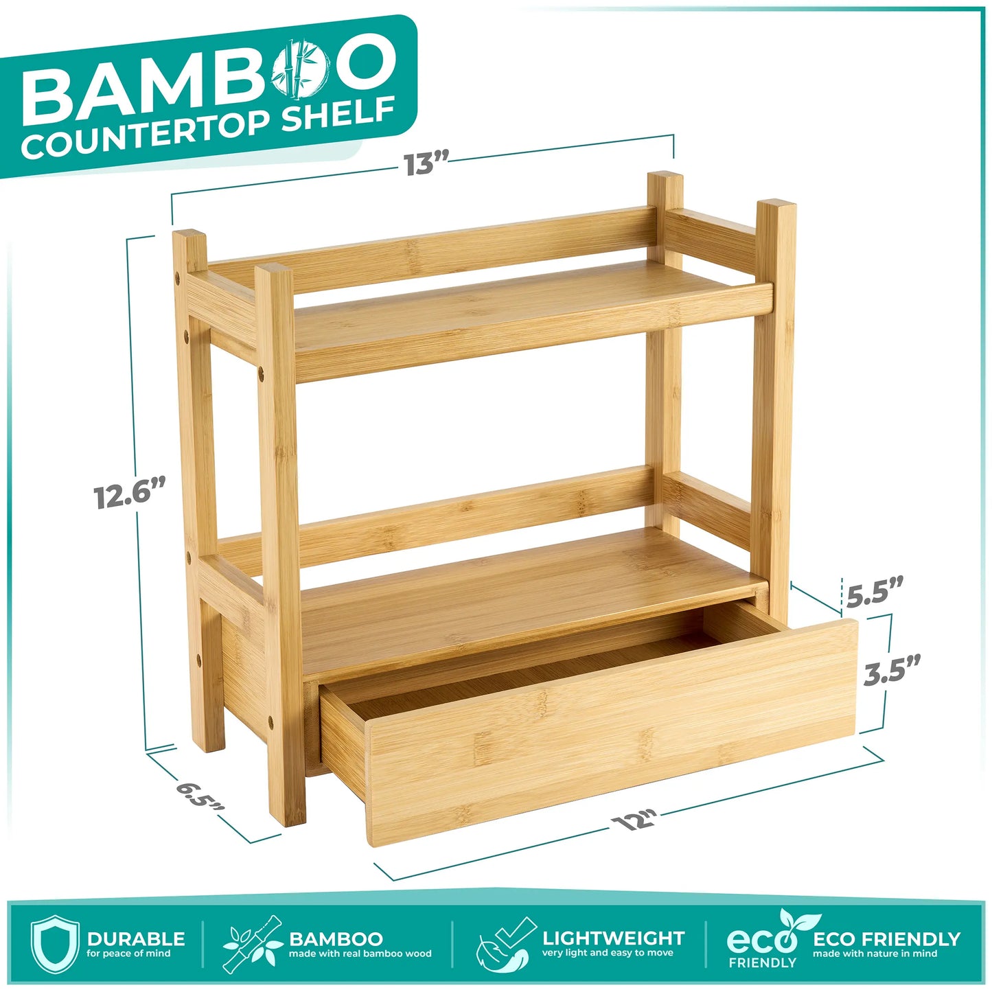 2-Tier Bamboo Countertop Shelf with Drawer Household Organiser Racks Wood Nature