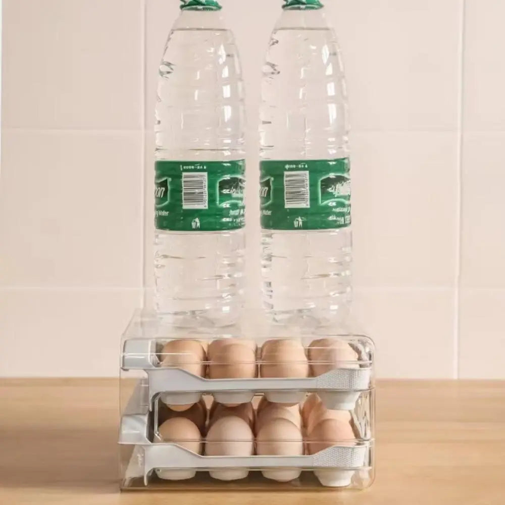 Multifunctional Transparent Refrigerator Egg Box, 1 Count Summer 2-Layers Stackable Fridge Egg Holder, Kitchen Accessories 32-Grids Plastic Egg Organizer Tray, Home Organizer