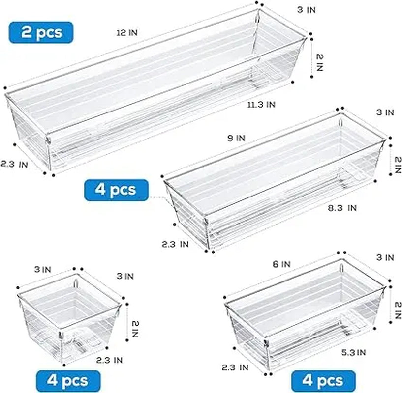 Clear Plastic Drawer Organizer Tray for Makeup, Kitchen Utensils, Jewelries and Gadgets