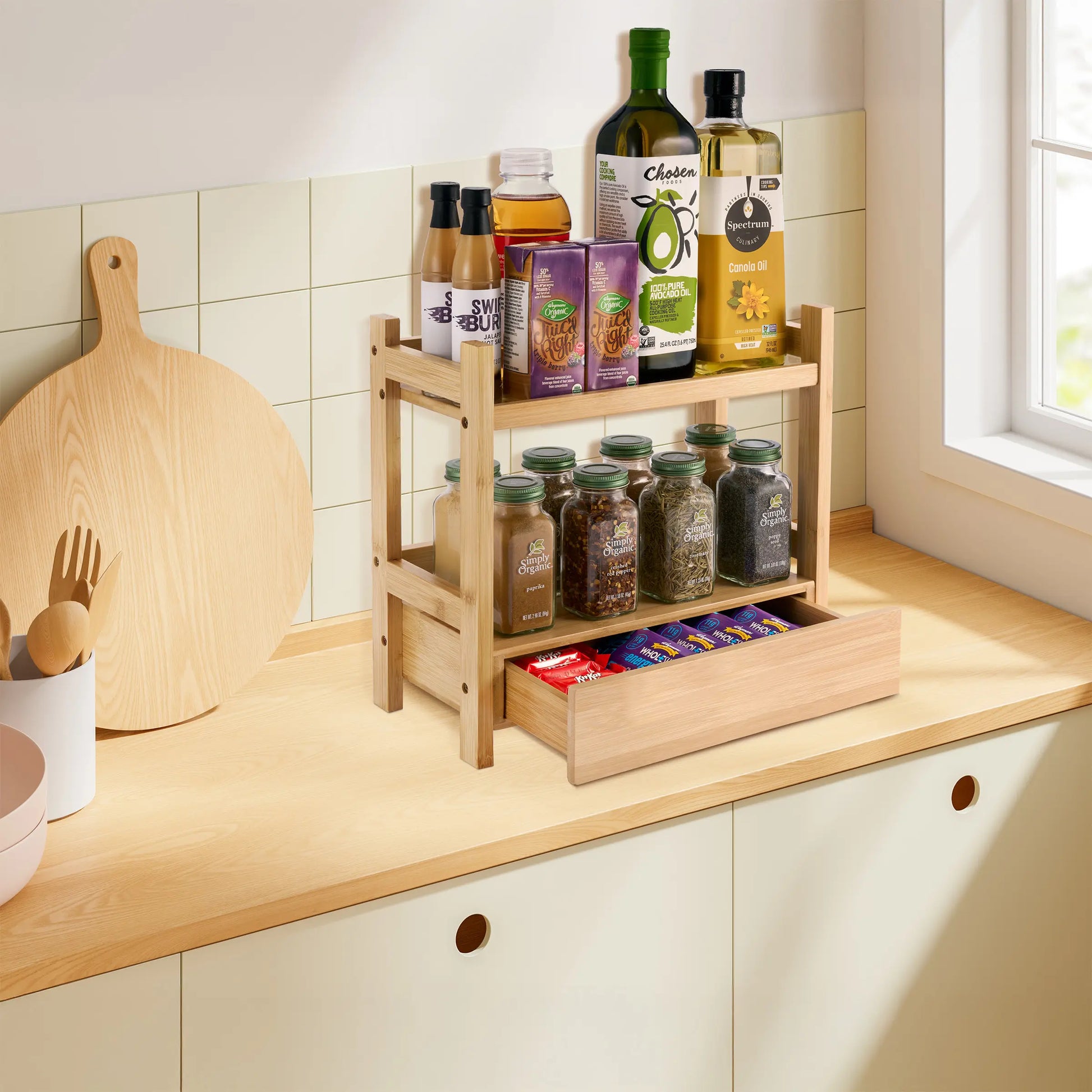 2-Tier Bamboo Countertop Shelf with Drawer Household Organiser Racks Wood Nature