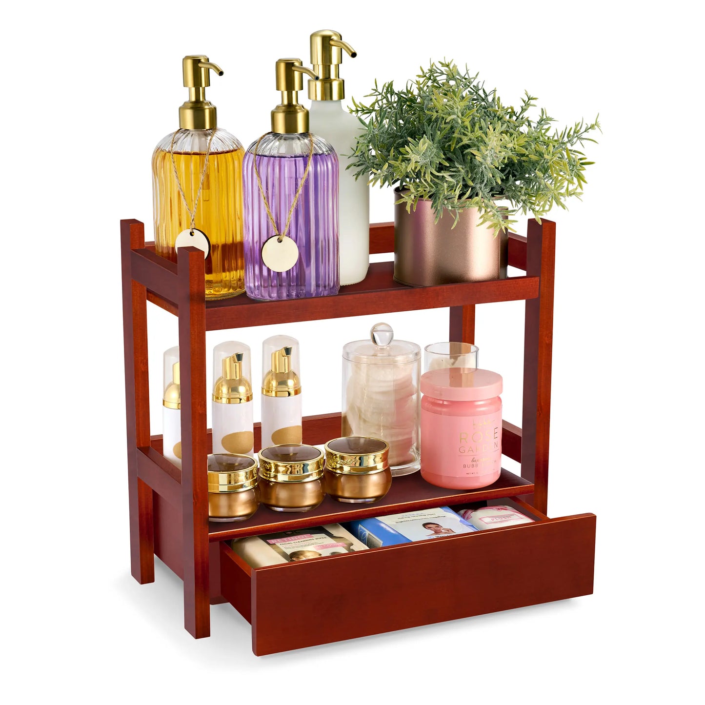 2-Tier Bamboo Countertop Shelf with Drawer Household Organiser Racks Wood Nature