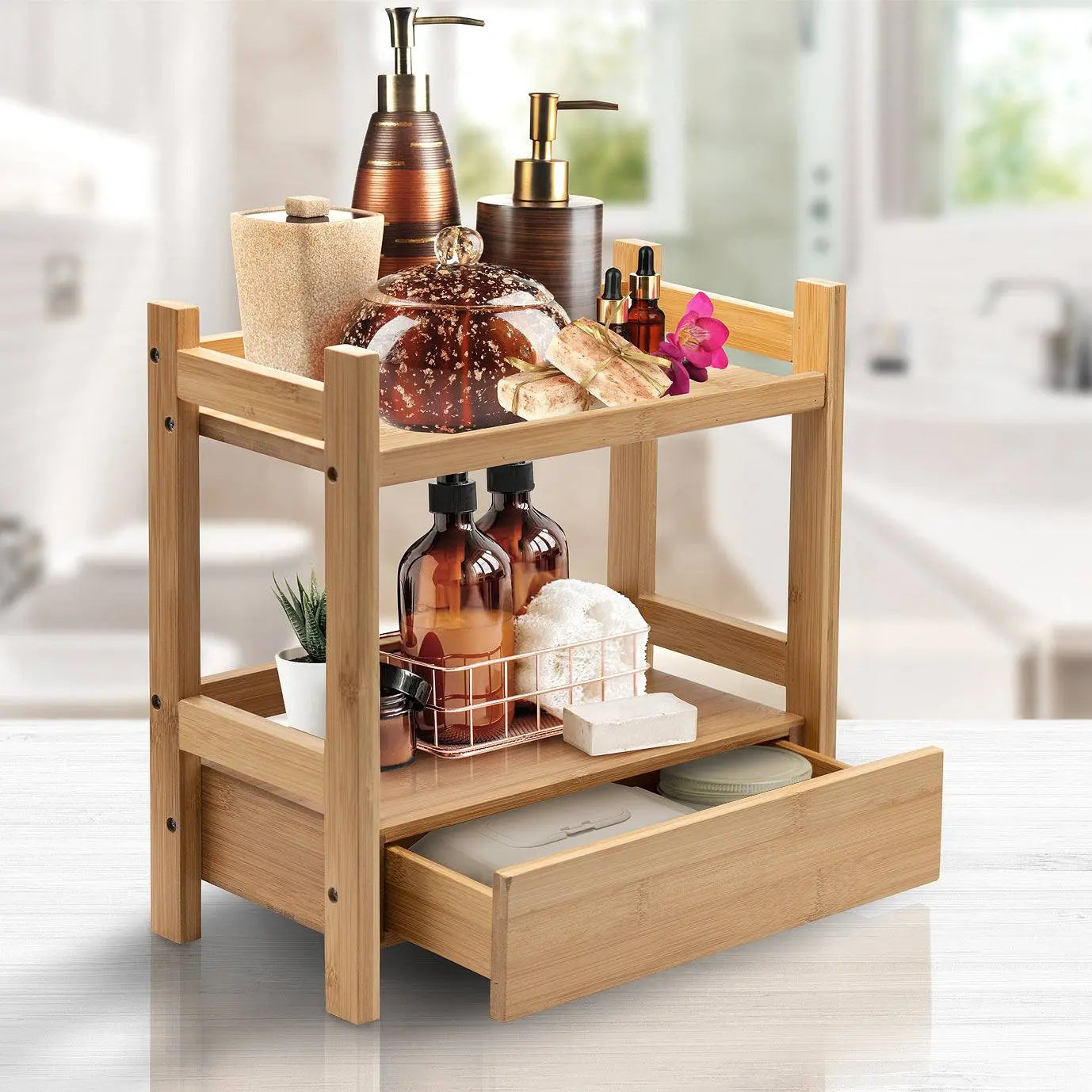 2-Tier Bamboo Countertop Shelf with Drawer Household Organiser Racks Wood Nature