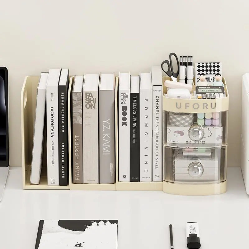 Adjustable Desktop Bookshelf - Multifunctional Stationery Desk Tidy with Drawer, Pen Holder, Shelves, Compartments, Organizer Box & File Storage for Office Accessories & Table Organizers, Stationery Supplies