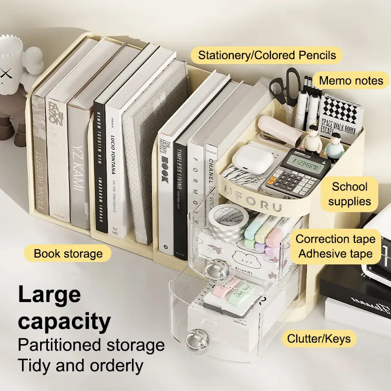 Adjustable Desktop Bookshelf - Multifunctional Stationery Desk Tidy with Drawer, Pen Holder, Shelves, Compartments, Organizer Box & File Storage for Office Accessories & Table Organizers, Stationery Supplies