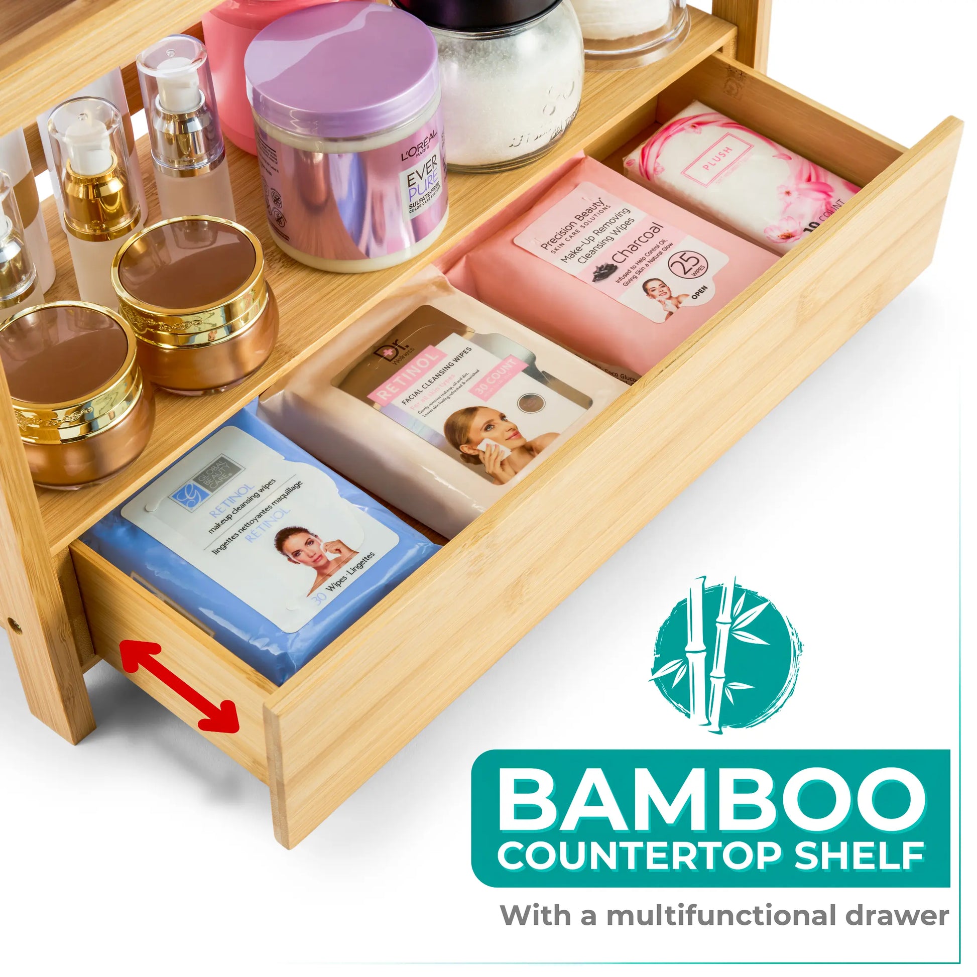 2-Tier Bamboo Countertop Shelf with Drawer Household Organiser Racks Wood Nature