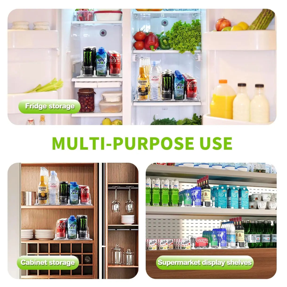 Auto-Fill Fridge Drink Organizer, Refrigerator Soda Can Dispenser - 2-Row/3-Row/5-Row Home Storage Rack, Fridge Organizers