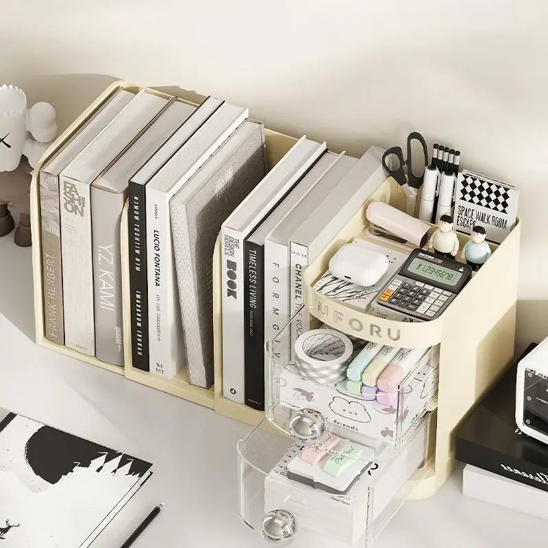 Adjustable Desktop Bookshelf - Multifunctional Stationery Desk Tidy with Drawer, Pen Holder, Shelves, Compartments, Organizer Box & File Storage for Office Accessories & Table Organizers, Stationery Supplies